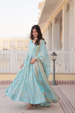 Thumbnail for Jyoti Fashion Women's Sky Blue Faux Georgette Sequins with Zari Embroidered Anarkali Kurta with Dupatta - Distacart