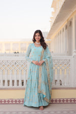 Thumbnail for Jyoti Fashion Women's Sky Blue Faux Georgette Sequins with Zari Embroidered Anarkali Kurta with Dupatta - Distacart