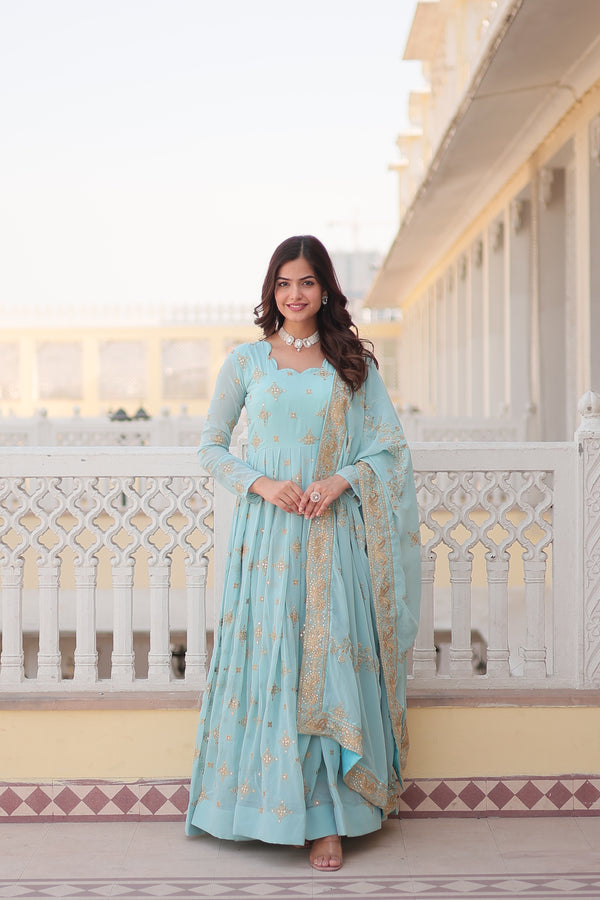 Jyoti Fashion Women's Sky Blue Faux Georgette Sequins with Zari Embroidered Anarkali Kurta with Dupatta - Distacart