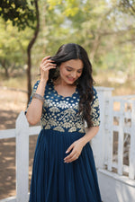 Thumbnail for Jyoti Fashion Women's Rama Faux Blooming Sequins with Zari Embroidered Long Anarkali Dress - Distacart