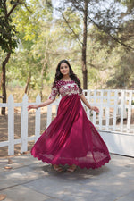 Thumbnail for Jyoti Fashion Women's Wine Faux Blooming Sequins with Zari Embroidered Long Anarkali Dress - Distacart