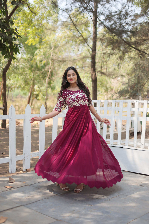 Jyoti Fashion Women's Wine Faux Blooming Sequins with Zari Embroidered Long Anarkali Dress - Distacart