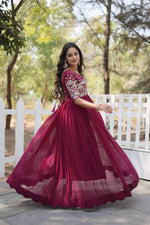 Thumbnail for Jyoti Fashion Women's Wine Faux Blooming Sequins with Zari Embroidered Long Anarkali Dress - Distacart