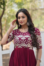 Thumbnail for Jyoti Fashion Women's Wine Faux Blooming Sequins with Zari Embroidered Long Anarkali Dress - Distacart