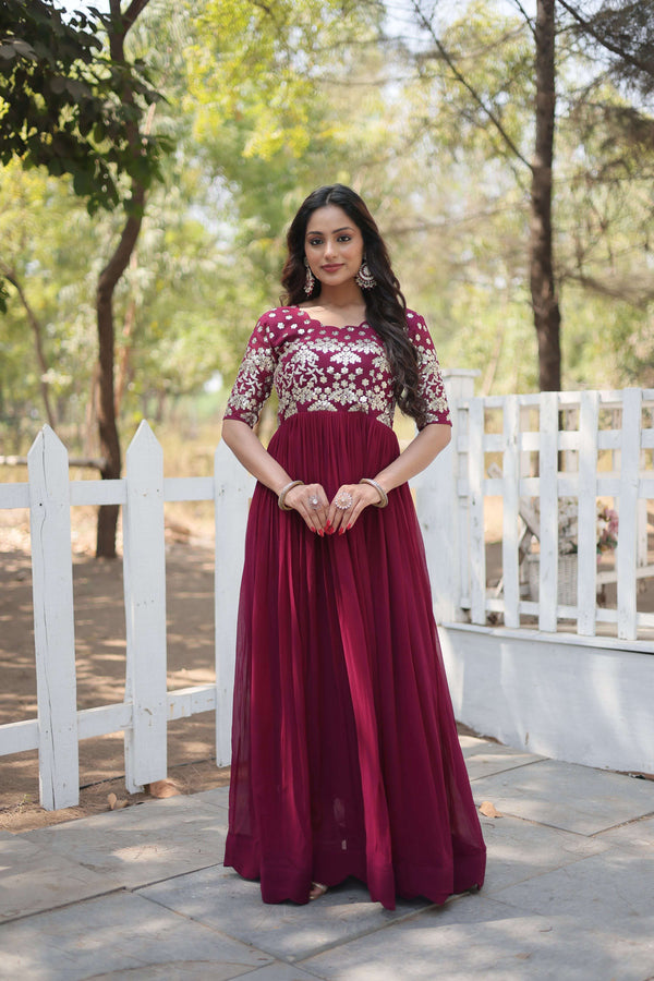 Jyoti Fashion Women's Wine Faux Blooming Sequins with Zari Embroidered Long Anarkali Dress - Distacart