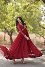 Thumbnail for Jyoti Fashion Women's Maroon Faux Blooming Sequins with Zari Embroidered Anarkali Kurta with Dupatta - Distacart