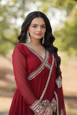 Thumbnail for Jyoti Fashion Women's Maroon Faux Blooming Sequins with Zari Embroidered Anarkali Kurta with Dupatta - Distacart