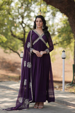 Thumbnail for Jyoti Fashion Women's Purple Faux Blooming Sequins with Zari Embroidered Anarkali Kurta with Dupatta - Distacart
