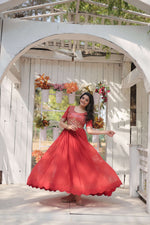 Thumbnail for Jyoti Fashion Women's Orange Faux Blooming Sequins with Zari Embroidered Long Anarkali Dress - Distacart
