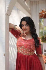 Thumbnail for Jyoti Fashion Women's Orange Faux Blooming Sequins with Zari Embroidered Long Anarkali Dress - Distacart