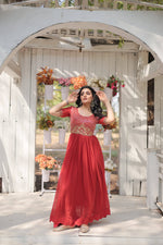 Thumbnail for Jyoti Fashion Women's Orange Faux Blooming Sequins with Zari Embroidered Long Anarkali Dress - Distacart