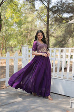 Thumbnail for Jyoti Fashion Women's Purple Faux Blooming Sequins with Zari Embroidered Long Anarkali Dress - Distacart