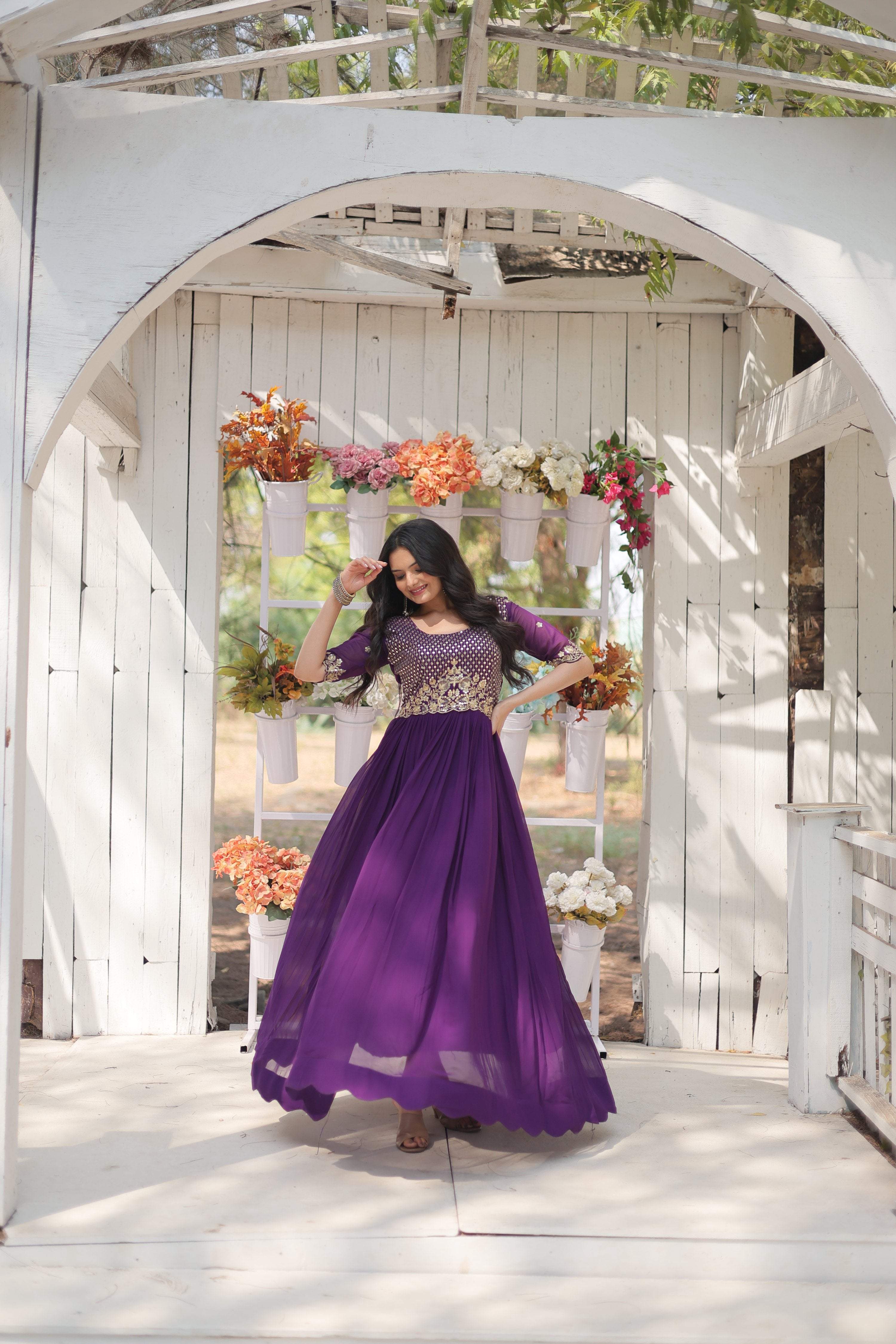 Jyoti Fashion Women's Purple Faux Blooming Sequins with Zari Embroidered Long Anarkali Dress - Distacart