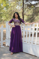 Thumbnail for Jyoti Fashion Women's Purple Faux Blooming Sequins with Zari Embroidered Long Anarkali Dress - Distacart