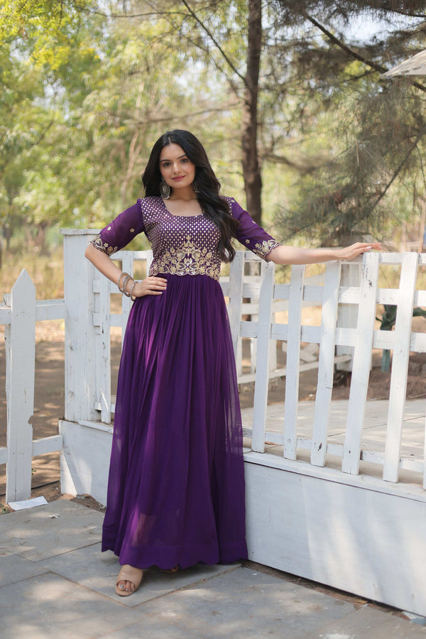 Jyoti Fashion Women's Purple Faux Blooming Sequins with Zari Embroidered Long Anarkali Dress - Distacart