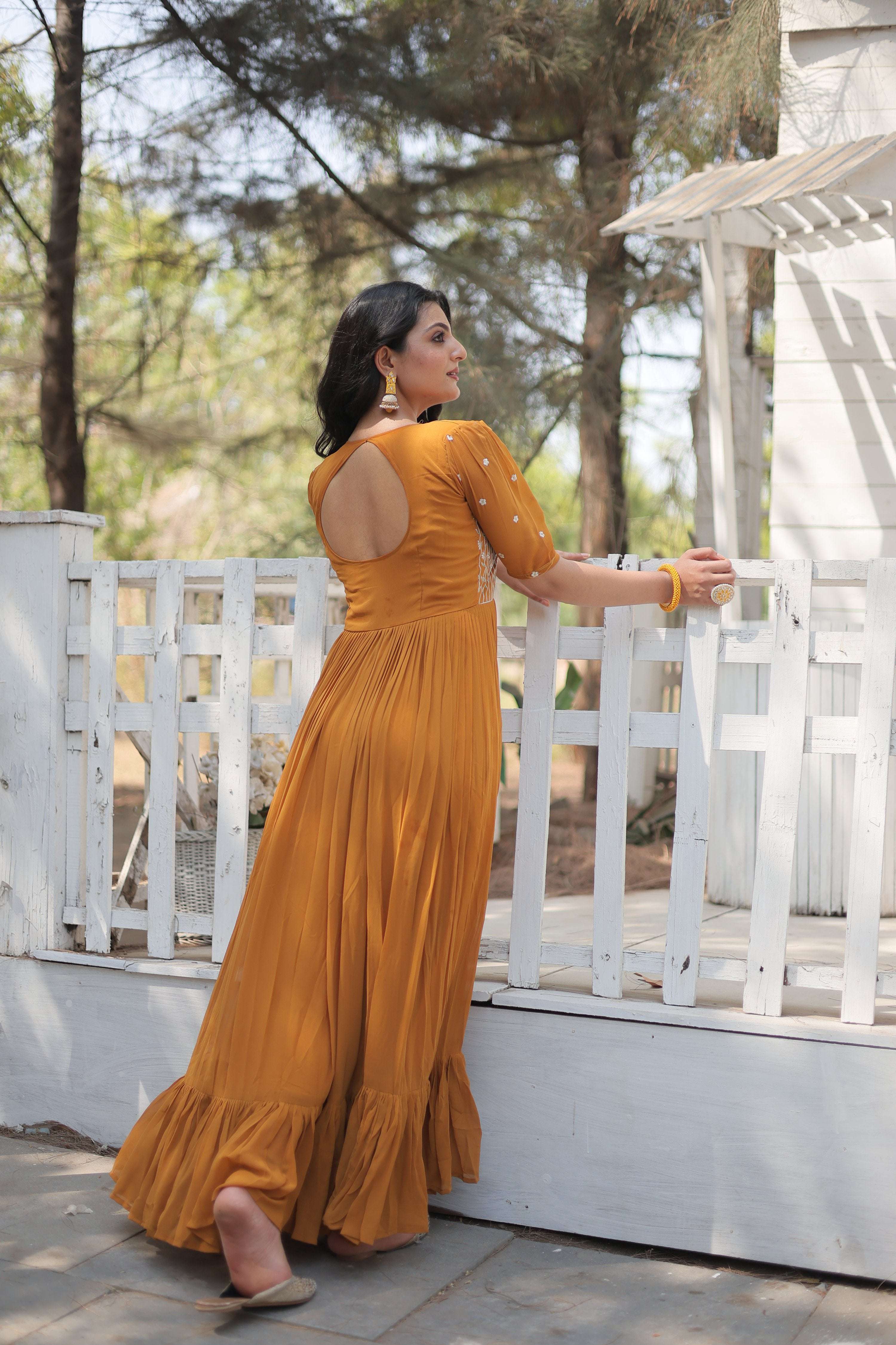 Jyoti Fashion Women's Mustard Faux Georgette Sequins with Zari Embroidered Long Anarkali Dress - Distacart