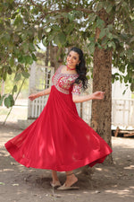 Thumbnail for Jyoti Fashion Women's Red Faux Blooming Sequins with Zari Embroidered Long Anarkali Dress - Distacart