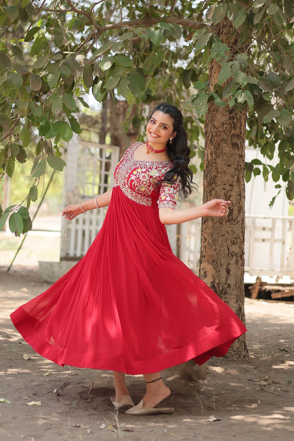 Jyoti Fashion Women's Red Faux Blooming Sequins with Zari Embroidered Long Anarkali Dress - Distacart