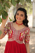 Thumbnail for Jyoti Fashion Women's Red Faux Blooming Sequins with Zari Embroidered Long Anarkali Dress - Distacart
