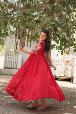 Thumbnail for Jyoti Fashion Women's Red Faux Blooming Sequins with Zari Embroidered Long Anarkali Dress - Distacart