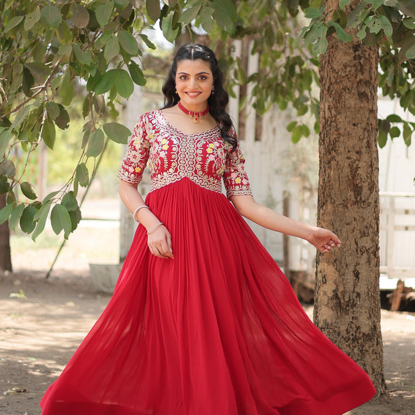 Jyoti Fashion Women's Red Faux Blooming Sequins with Zari Embroidered Long Anarkali Dress - Distacart