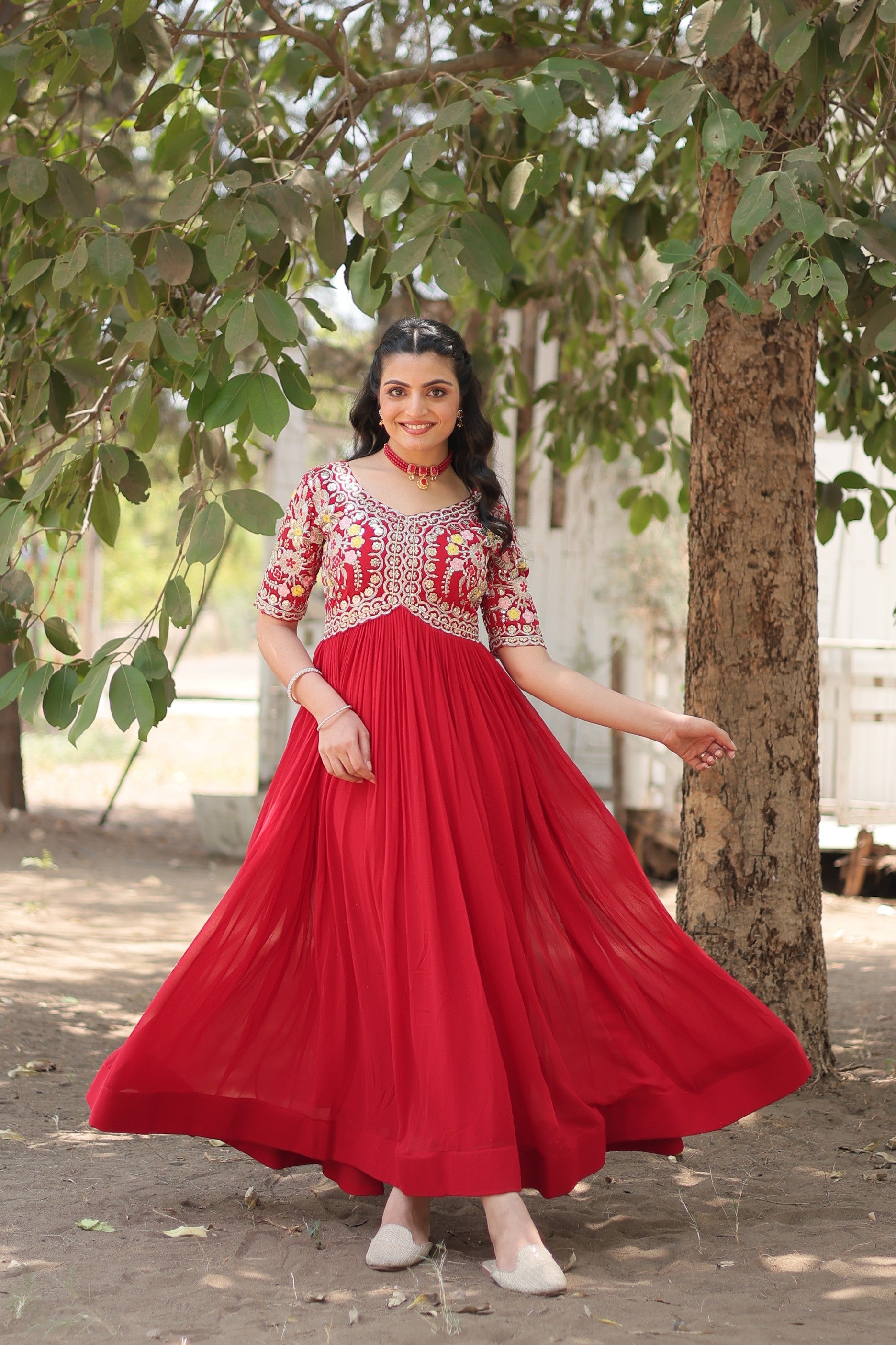 Jyoti Fashion Women's Red Faux Blooming Sequins with Zari Embroidered Long Anarkali Dress - Distacart