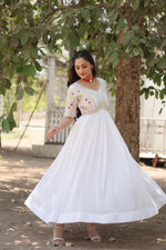 Thumbnail for Jyoti Fashion Women's White Faux Blooming Sequins with Zari Embroidered Long Anarkali Dress - Distacart