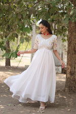 Thumbnail for Jyoti Fashion Women's White Faux Blooming Sequins with Zari Embroidered Long Anarkali Dress - Distacart
