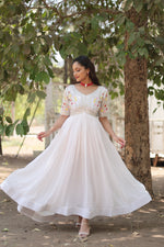 Thumbnail for Jyoti Fashion Women's White Faux Blooming Sequins with Zari Embroidered Long Anarkali Dress - Distacart