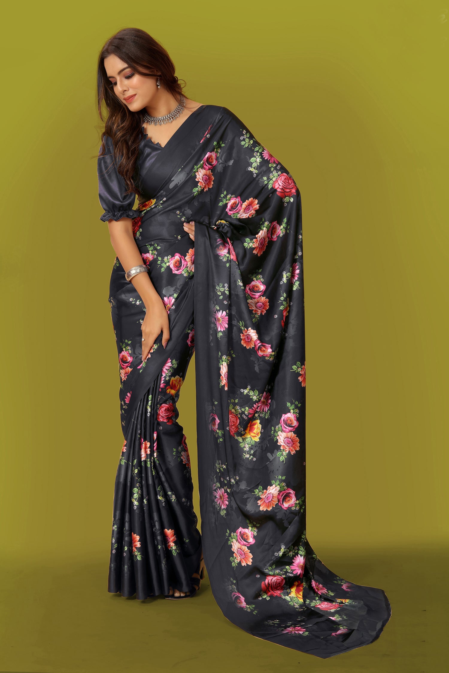 Jyoti Fashion Women's Multicolor Pure Japan Satin Digital Printed Designer Saree with Blouse - Distacart