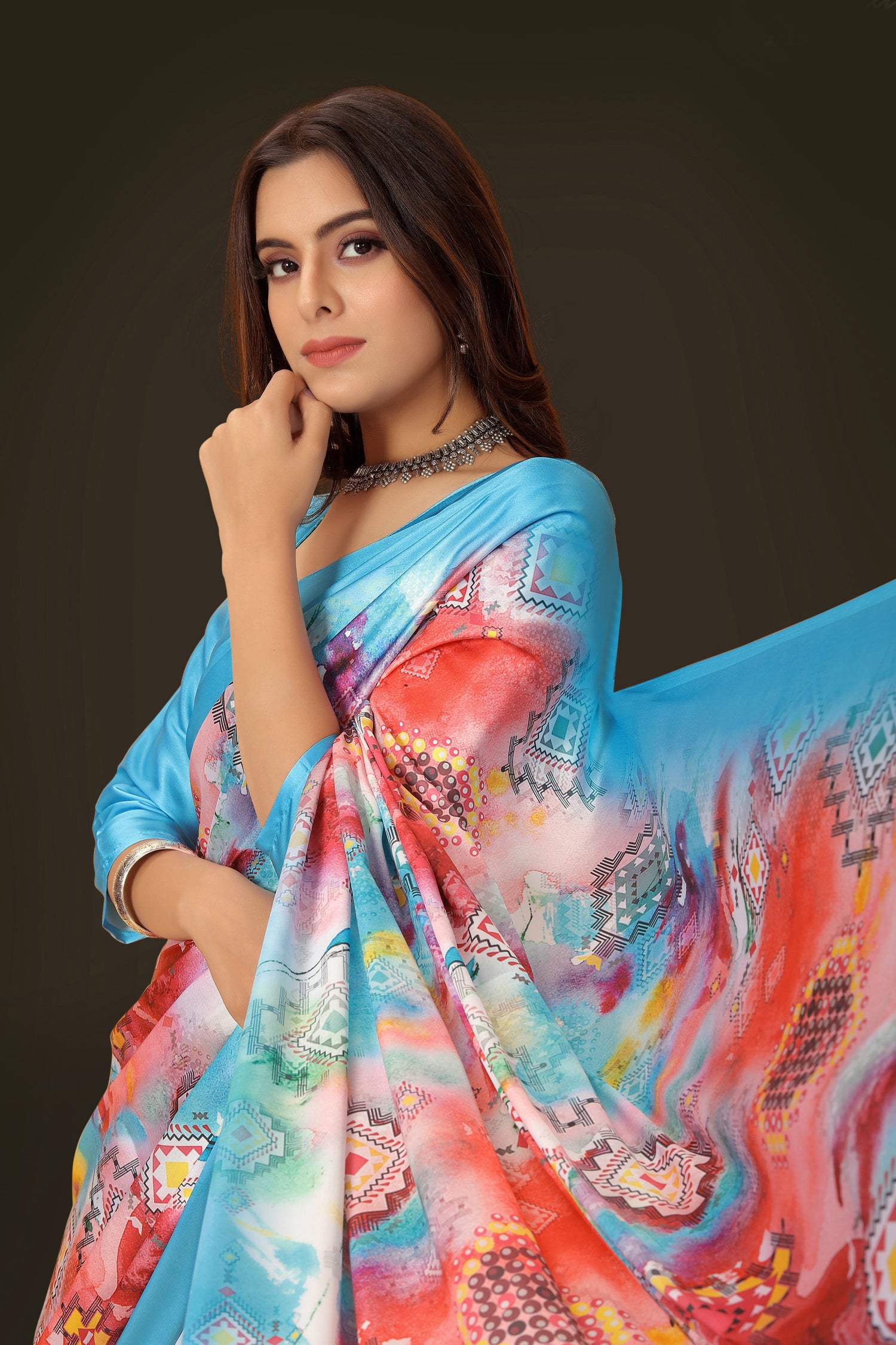 Jyoti Fashion Women's Multicolor Pure Japan Satin Digital Printed Designer Saree with Blouse - Distacart
