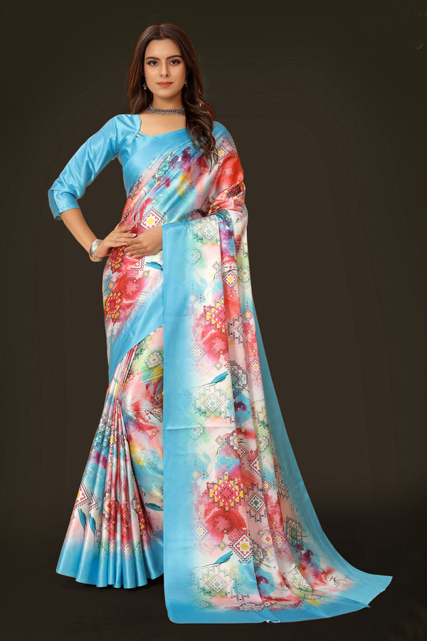 Jyoti Fashion Women's Multicolor Pure Japan Satin Digital Printed Designer Saree with Blouse - Distacart