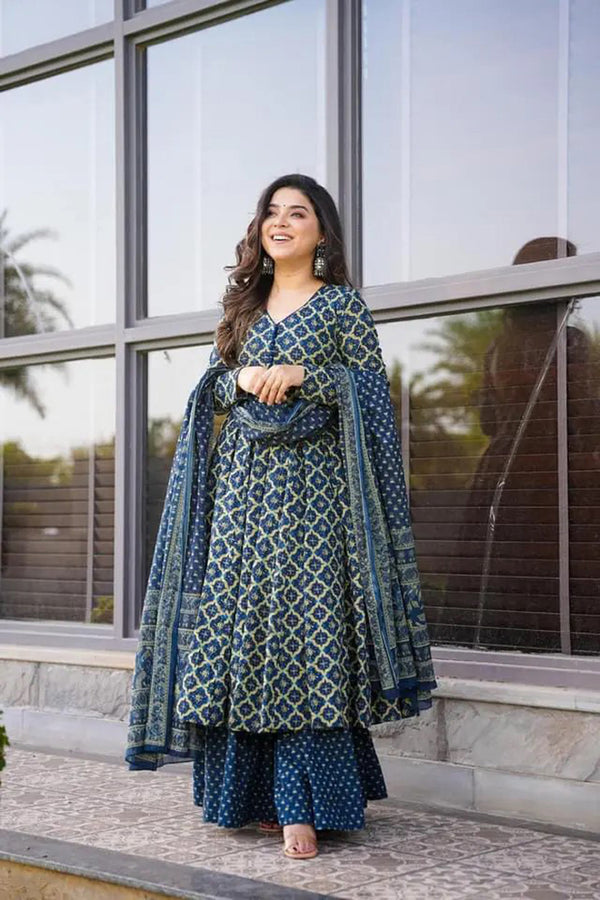 Jyoti Fashion Women's Blue Cotton Silk Heavy Digital Printed Kurta Set - Distacart