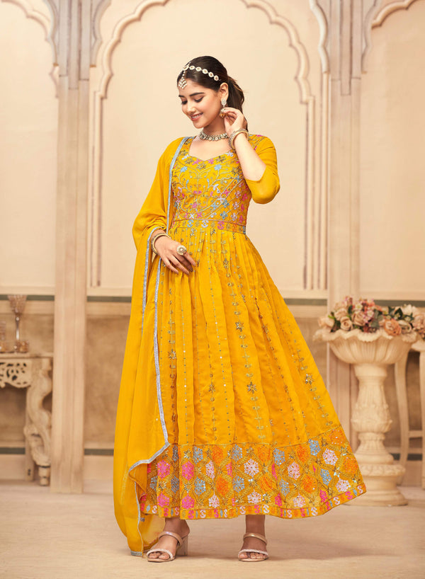 Jyoti Fashion Women's Mustard Faux Georgette Heavy Embroidered Kurta Set - Distacart