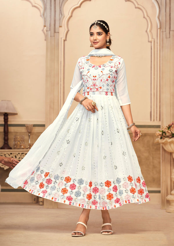 Jyoti Fashion Women's White Faux Georgette Heavy Embroidered Kurta Set - Distacart