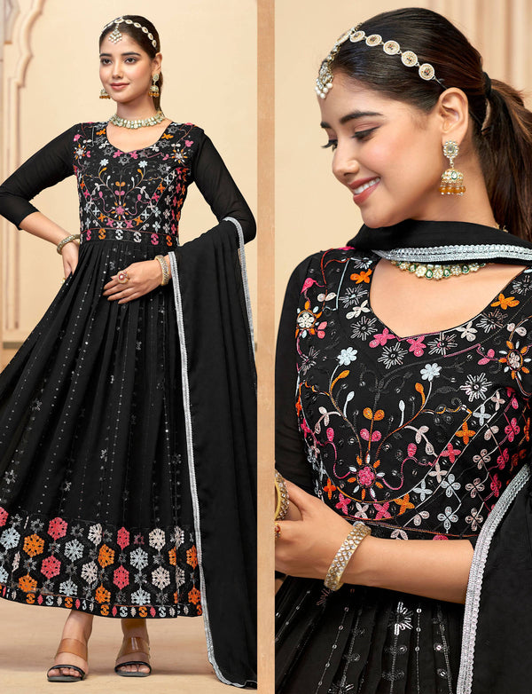Jyoti Fashion Women's Black Faux Georgette Heavy Embroidered Kurta Set - Distacart