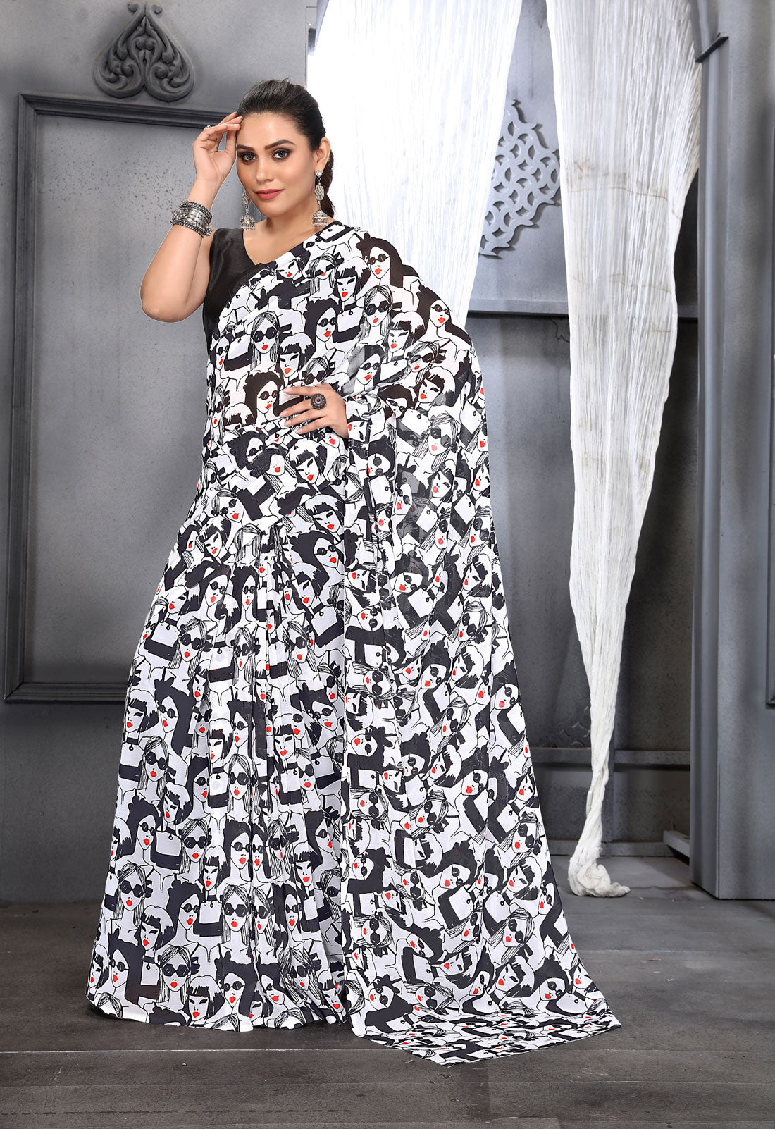 Jyoti Fashion Women's Black Faux Georgette Digital Printed Designer Saree with Blouse - Distacart