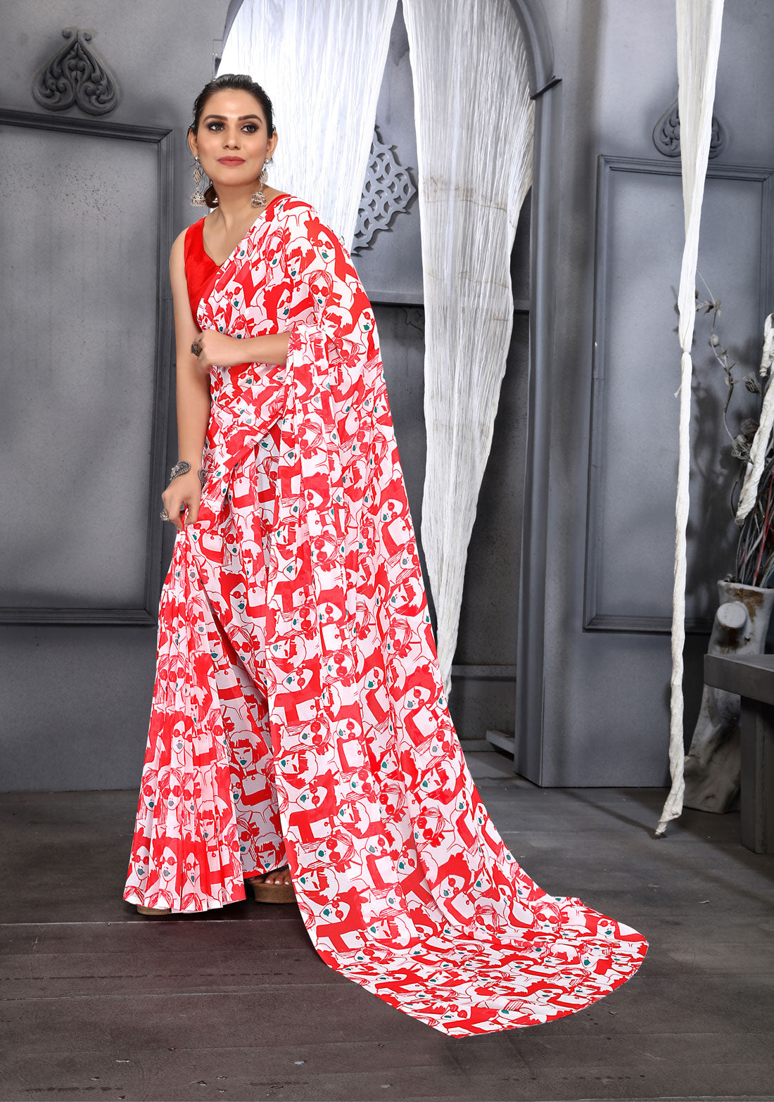 Jyoti Fashion Women's Red Faux Georgette Digital Printed Designer Saree with Blouse - Distacart