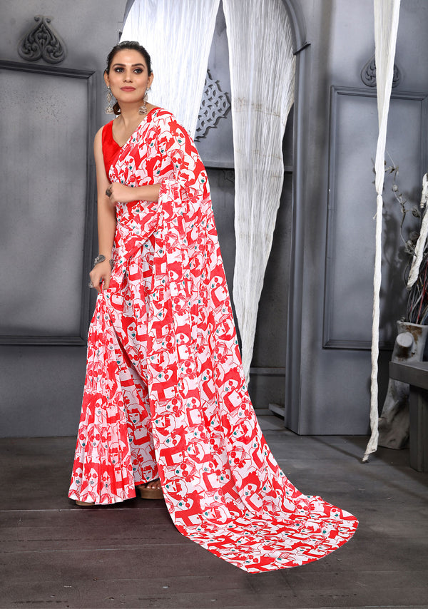 Jyoti Fashion Women's Red Faux Georgette Digital Printed Designer Saree with Blouse - Distacart