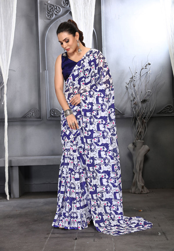 Jyoti Fashion Women's Navy Blue Faux Georgette Digital Printed Designer Saree with Blouse - Distacart