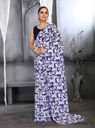 Jyoti Fashion Women's Navy Blue Faux Georgette Digital Printed Designer Saree with Blouse - Distacart