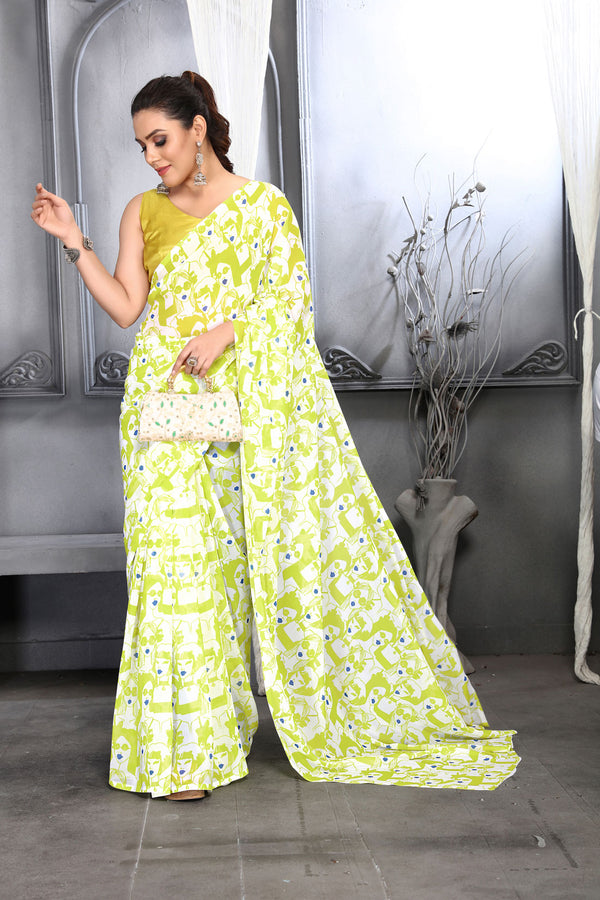 Jyoti Fashion Women's Lemon Yellow Faux Georgette Digital Printed Designer Saree with Blouse - Distacart