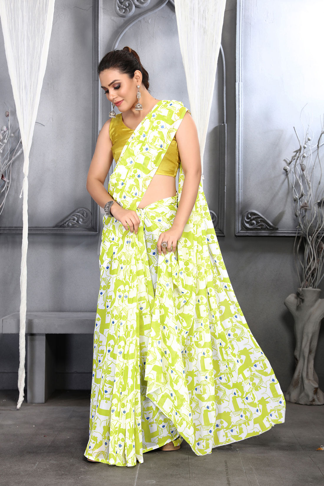 Jyoti Fashion Women's Lemon Yellow Faux Georgette Digital Printed Designer Saree with Blouse - Distacart