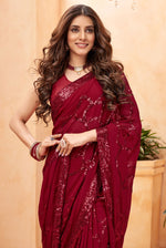 Thumbnail for Jyoti Fashion Women's Maroon Faux Blooming Sequins Work Designer Saree with Blouse - Distacart