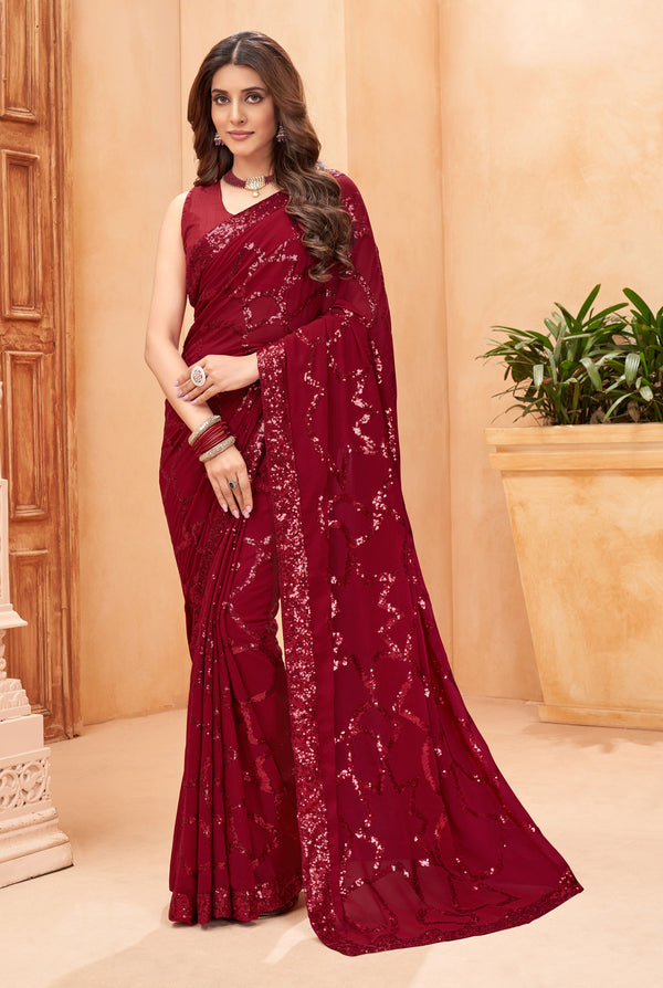 Jyoti Fashion Women's Maroon Faux Blooming Sequins Work Designer Saree with Blouse - Distacart