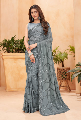 Jyoti Fashion Women's Grey Faux Blooming Sequins Work Designer Saree with Blouse - Distacart