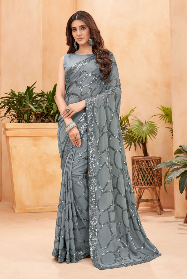 Jyoti Fashion Women's Grey Faux Blooming Sequins Work Designer Saree with Blouse - Distacart