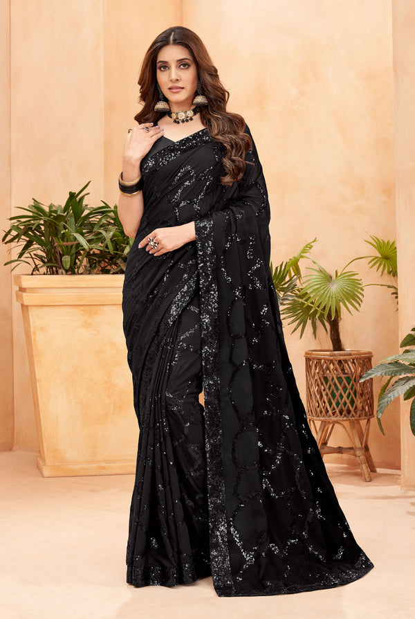 Jyoti Fashion Women's Black Faux Blooming Sequins Work Designer Saree with Blouse - Distacart