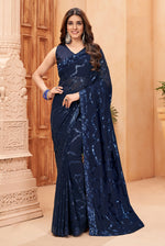 Thumbnail for Jyoti Fashion Women's Navy Blue Faux Blooming Sequins Work Designer Saree with Blouse - Distacart