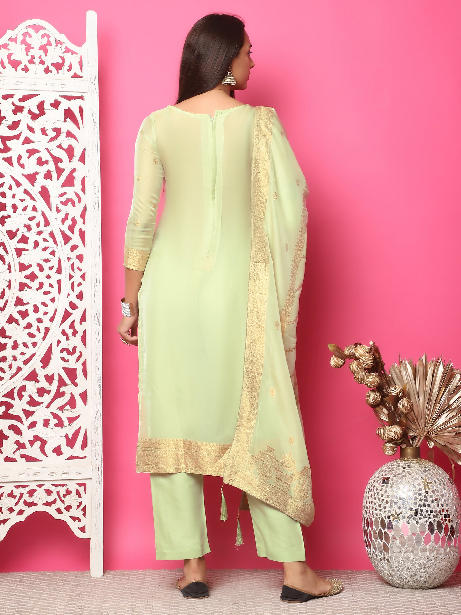 Jyoti Fashion Women's Pista Green Silk Jacquard Woven with Hand Work Salwar Suit Set - Distacart